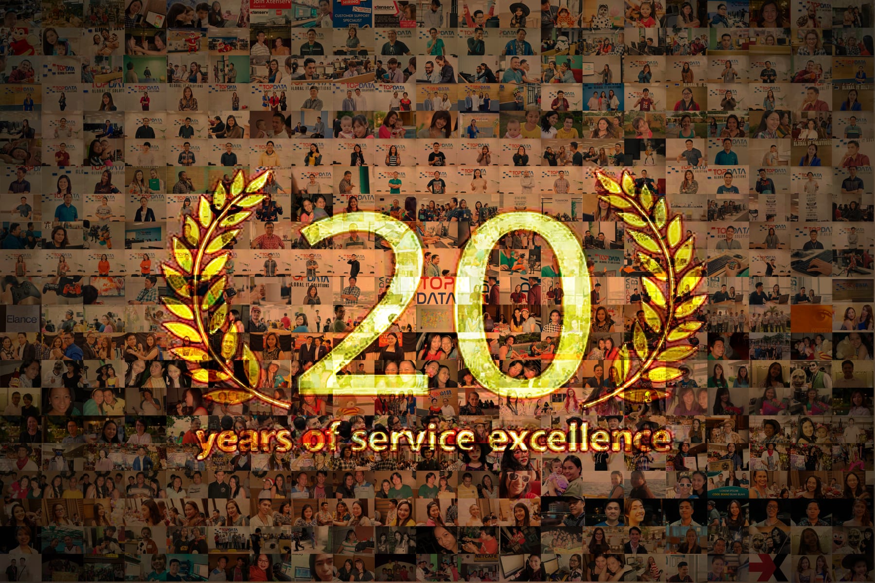 A mosaic of TopData team members celebrating 20 years of service excellence